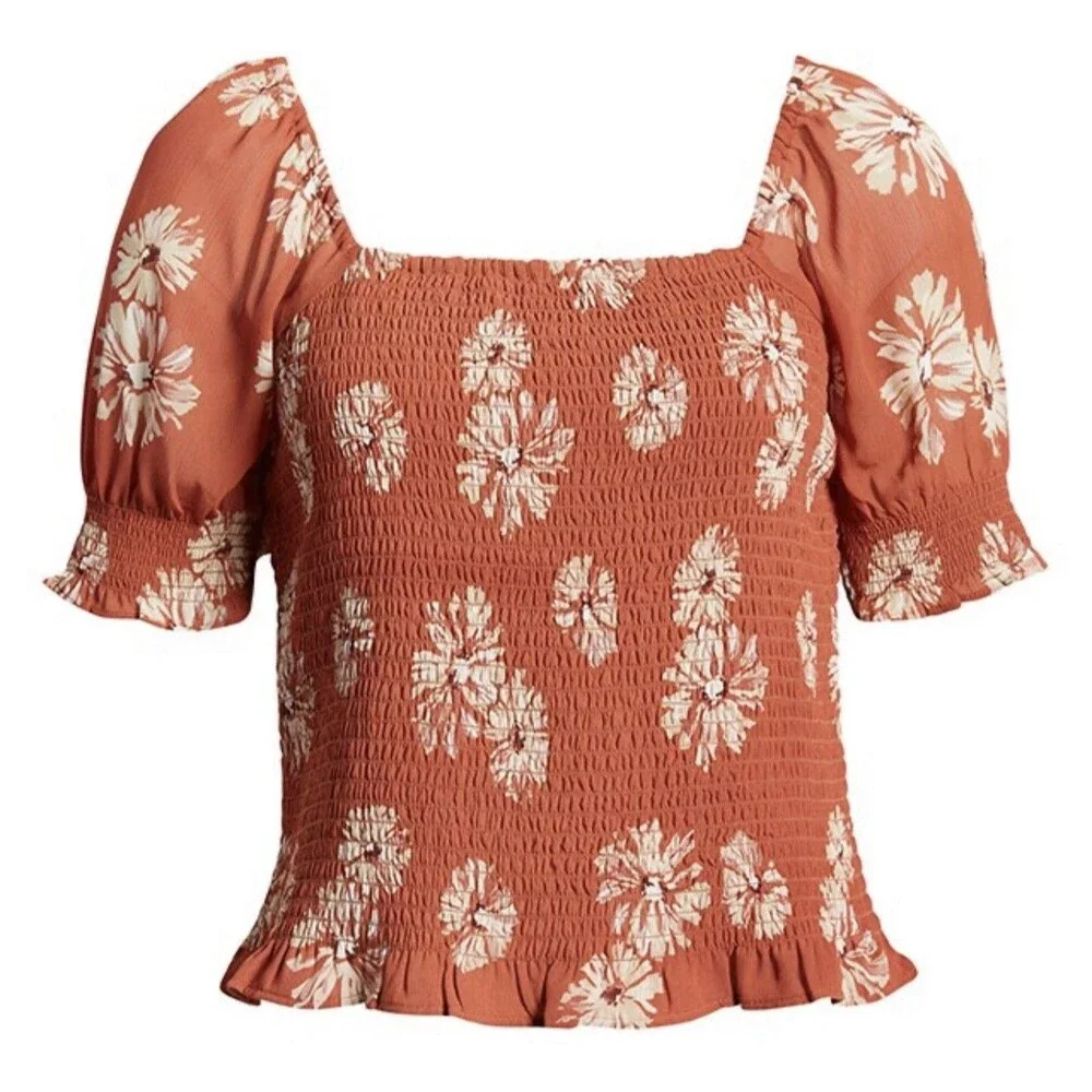 Madewell Moody Blooms Resourced Georgette Lucie Puff Sleeve Smocked Top Sm New